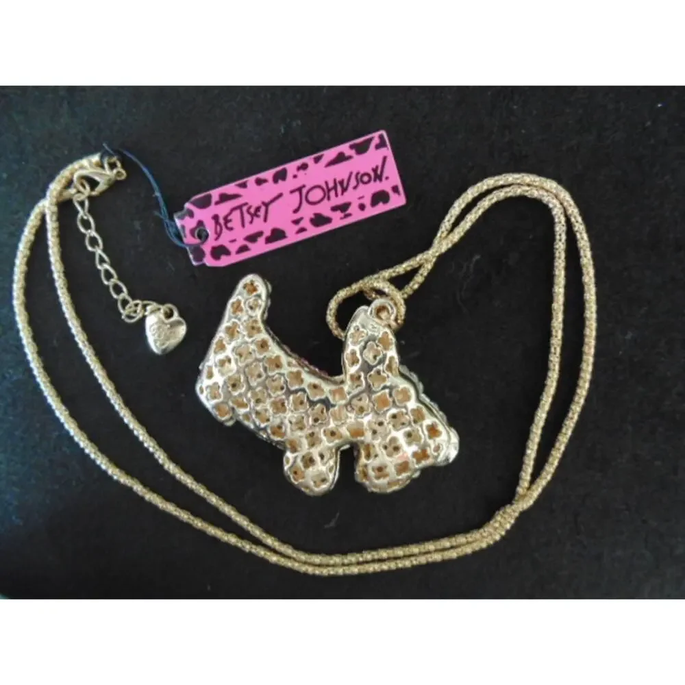 New Y2K Betsey Johnson Scottie Dog Pave Pink Crystal Pendant Charm Necklace